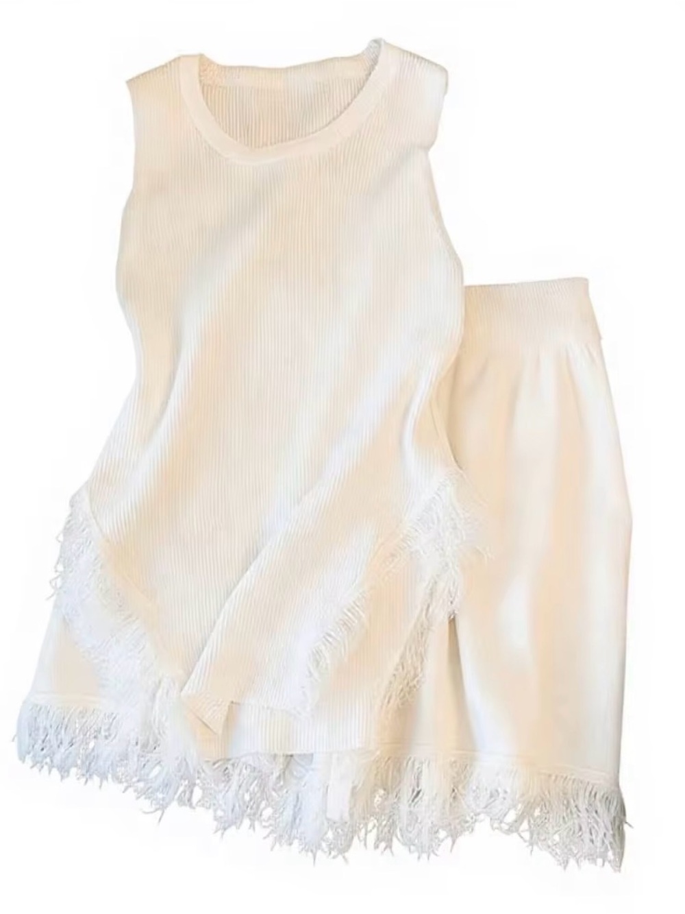 Women's Cream Fringe Tank Top - Lightweight Sleeveless Knit